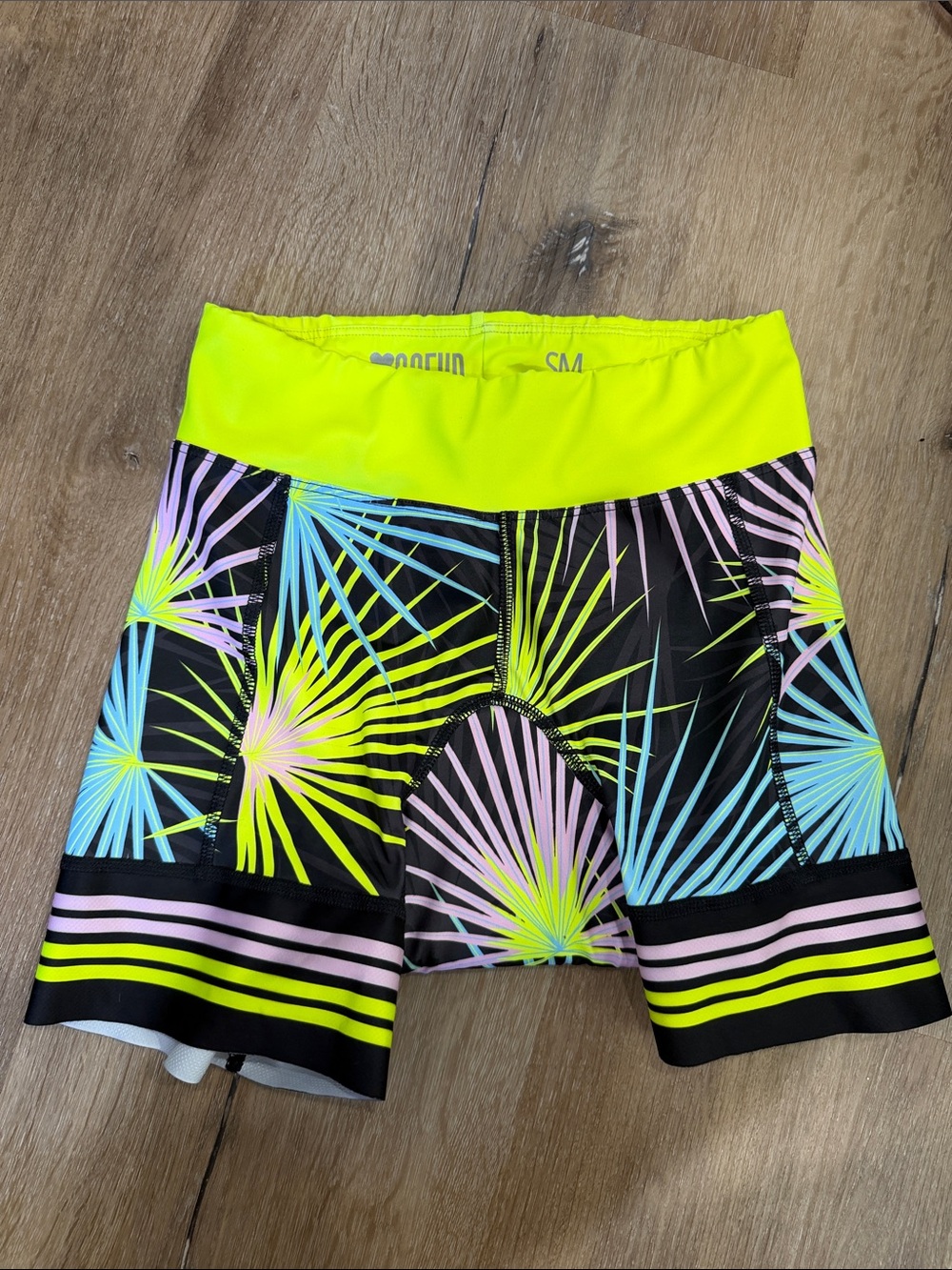 Coeur Palm Party 5" Triathlon Shorts Neon Yellow Purple Blue Size Small
